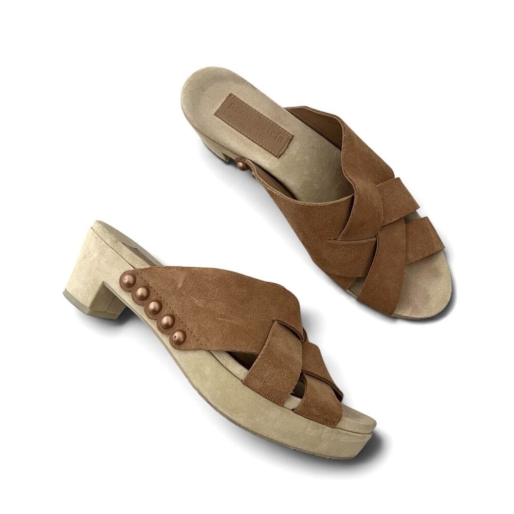 Pedro García Nena Crisscross Leather Slide Tan Suede Sz 10.5 Clog Sandals Preppy